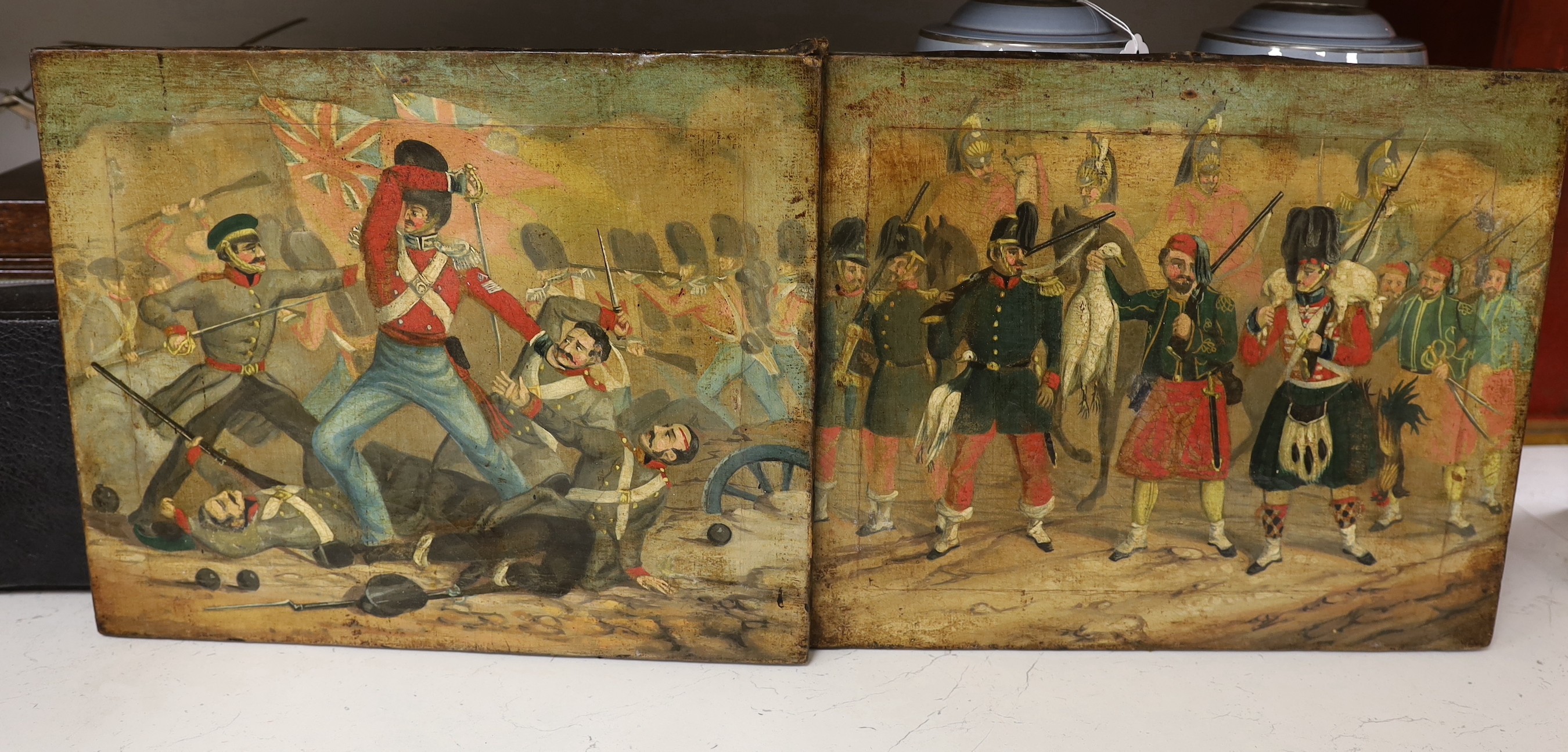 19th century English School, pair of overpainted prints on canvas, Scenes from the Crimea War, 33 x 40cm, unframed